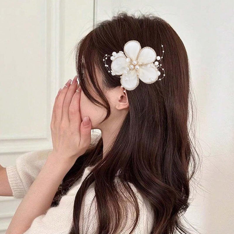 مجموعة مشابك شعر TOKUFAGU مكونة من 6 قطع مزينة بفيونكات من اللؤلؤ والزهور، مشابك شعر كبيرة مزينة بالزهور للنساء والفتيات، مشابك شعر يدوية الصنع أنيقة لحفلات الزفاف، إكسسوارات تزيينية - Image 3